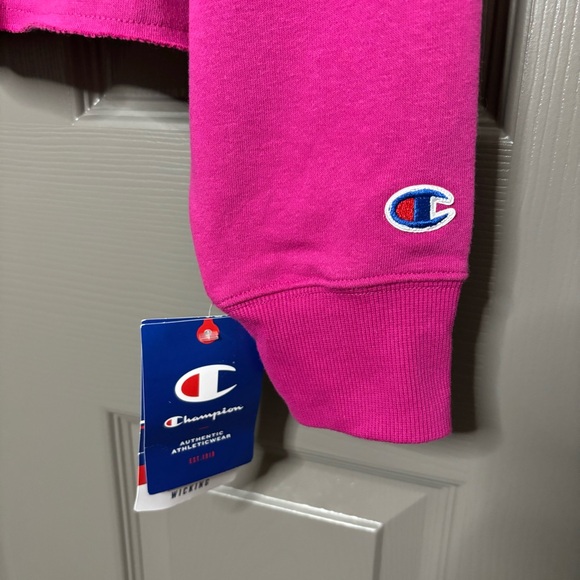 🎄🎁Champion New Cropped Hoodie Floral Script Logo Dark Pink S - Picture 6 of 14
